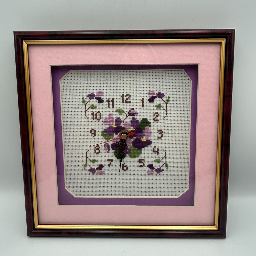 Grandmacore Cottage Clock Framed Cross-Stitch Flower Needlepoint Purple 80s VTG